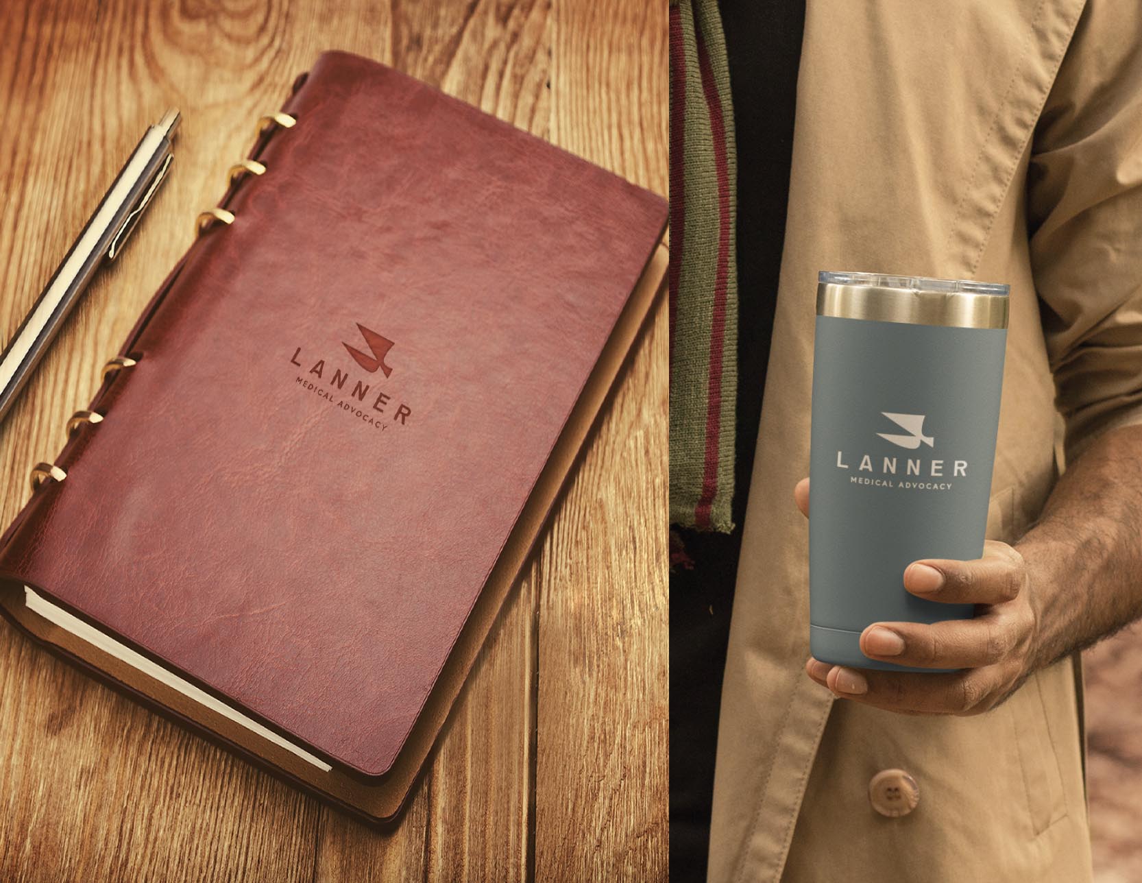 Lanner's logo, a geometric shape based on a bird, is displayed on a leather notebook and metal travel mug.