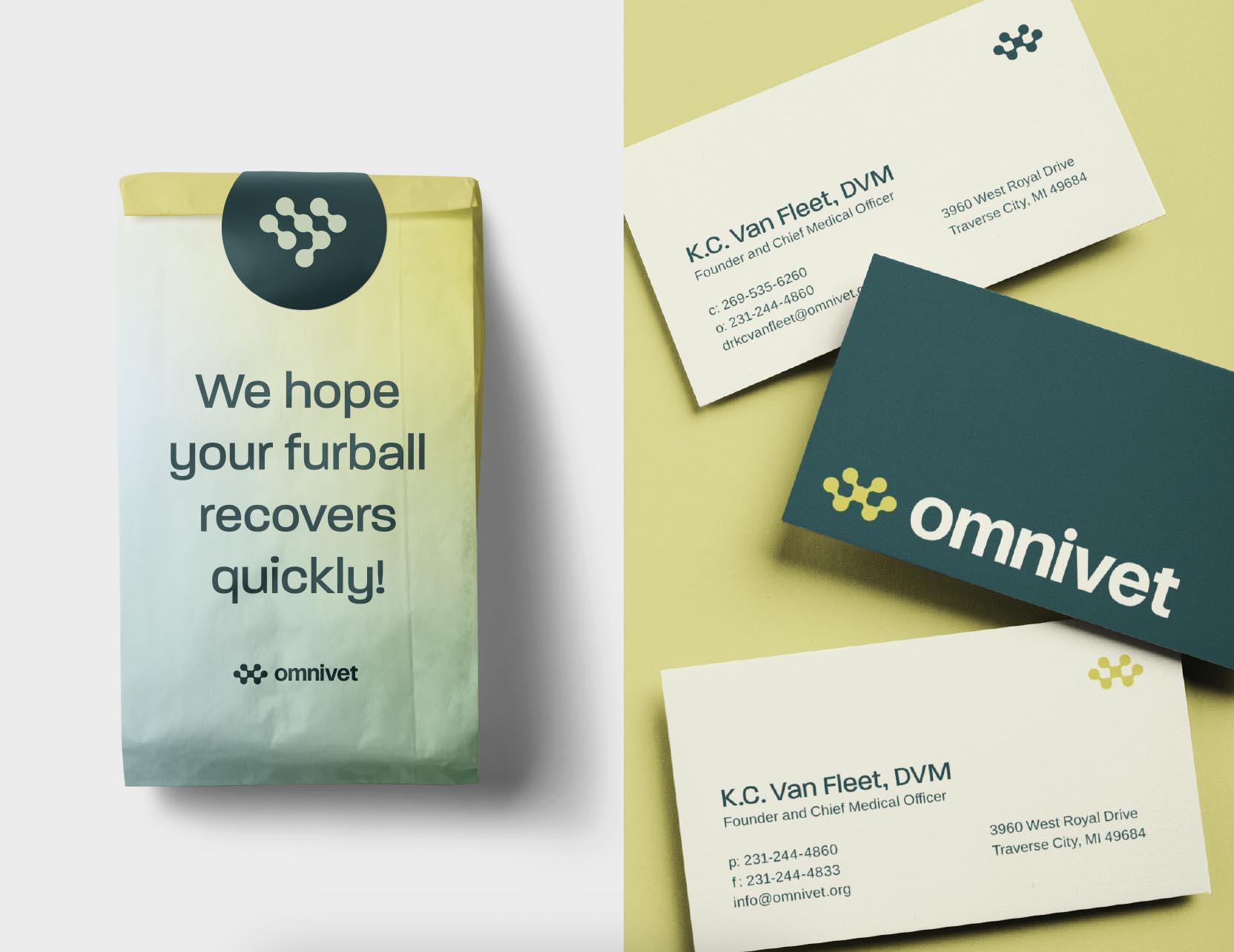 The Omnivet logo, an icon including connected dots, is displayed on a take-home prescription bag and business cards.