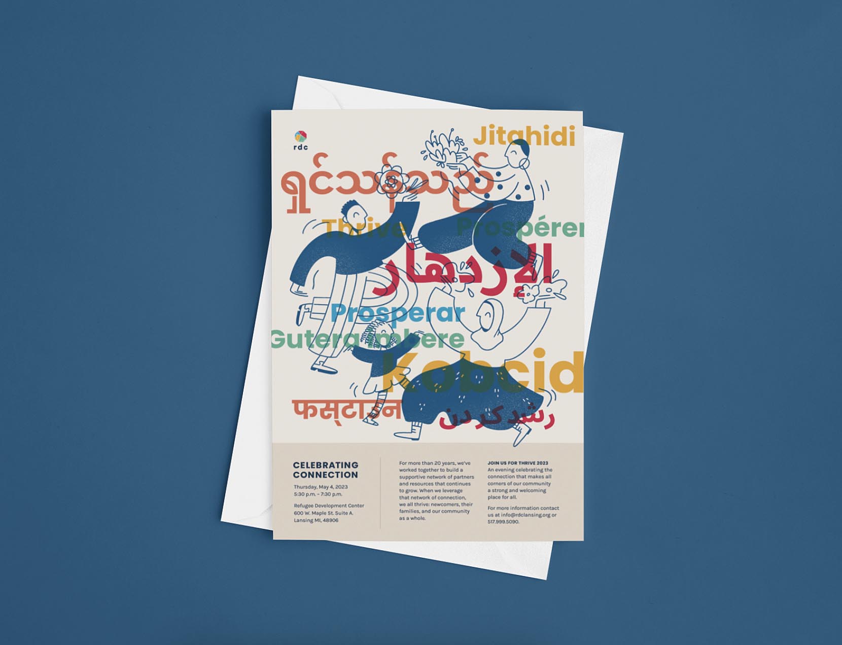 A paper invitation to an RDC event includes illustrations of people and the word "Thrive" translated into various languages in numerous typographies.